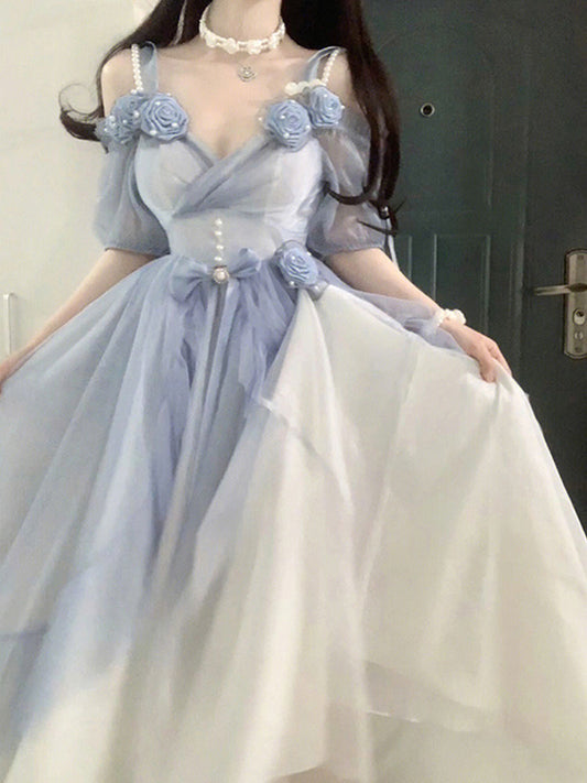 Sweet A line Sweetheart Blue Chiffon Floral Long 16th Birthday Dress Lolita Dress Birthday Outfits W1128