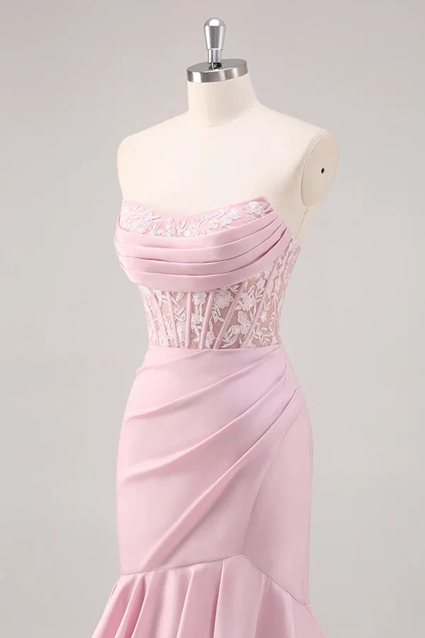 Robe de bal longue à volants style sirène, sans bretelles, style corset, avec fente, DP525