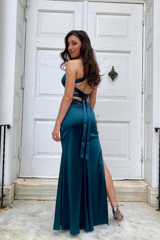 Pretty Mermaid V-neck Navy Blue Criss-cross Back Long Dress Graduation Dress DP533
