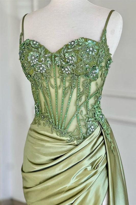 Sexy silbernes Meerjungfrau-Ballkleid mit Spaghettiträgern und Applikationen DP307