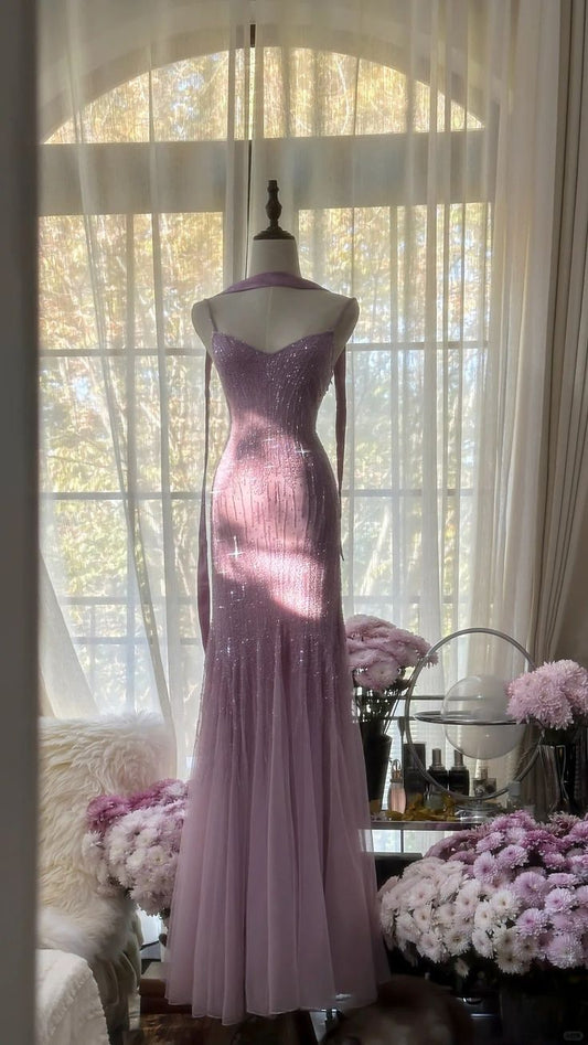Sexy Meerjungfrau Spaghettiträger Lila Elegante Tüll Pailletten Ballkleider P0001