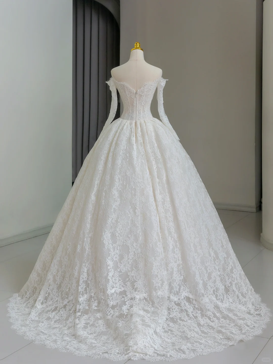 Unique Bridal Gown Ball Gown Off The Shoulder Lace Long Sleeves White 50s Wedding Dresses Vintage Bridal Gowns DH1137