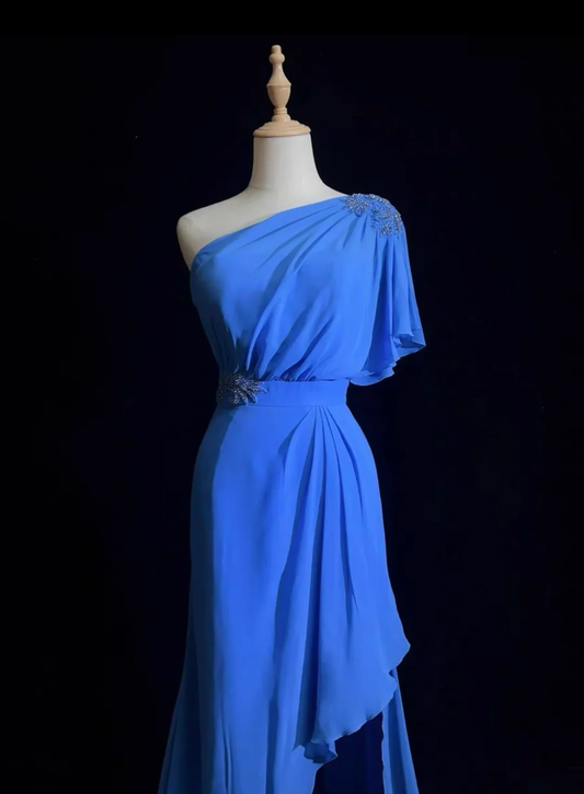 Vintage A line One Shoulder Sleeveless Royal Blue Chiffon Petite Mother Of Bride Dress Party Gown Floor Length For Summer Women Wedding DH1269