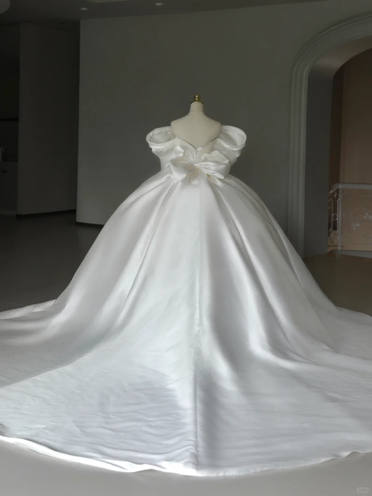 Prinzessin Brautkleid Ballkleid aus der Schulter Satin Brautkleid mit weißen kurzen Ärmeln Brautkleider bescheidene Brautkleider DH1287