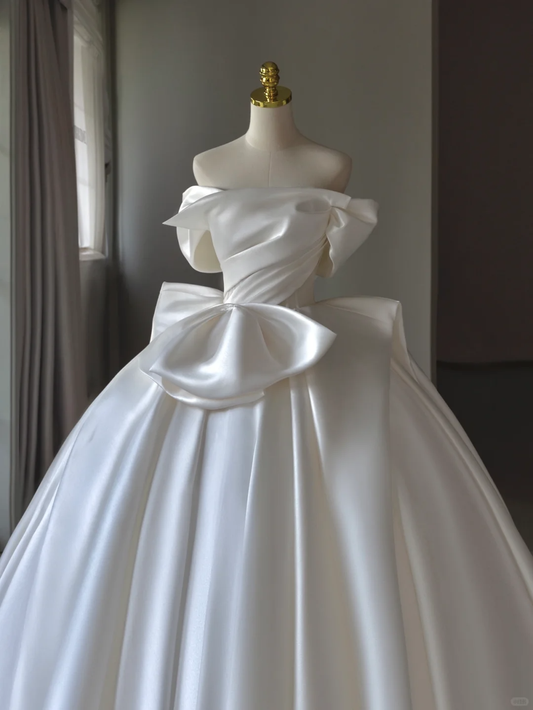 Prinzessin Brautkleid Ballkleid aus der Schulter Satin Brautkleid mit weißen kurzen Ärmeln Brautkleider bescheidene Brautkleider DH1288