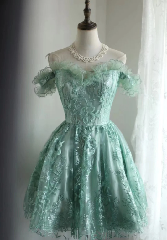 Robe de bal vintage à épaules dénudées, mini robe courte en dentelle verte, tenue de soirée formelle pour 8e année, tenue d'été pour le collège, tenue Hoco pour 20e anniversaire, DH1315