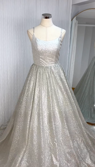 Robe de mariée unique, coupe trapèze, bretelles spaghetti, paillettes blanches, longue, robe de mariée simple, robes de mariée DH1511