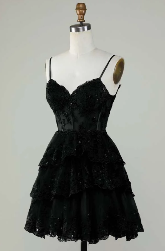 Robe de soirée courte en dentelle bleue à bretelles spaghetti, coupe trapèze, tenue de soirée courte et formelle pour le collège, tenue Hoco DH1513