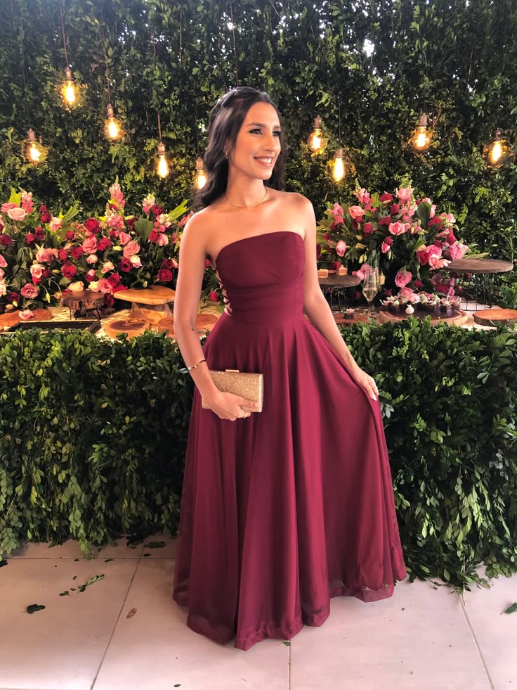 Robe de bal élégante en mousseline de soie bordeaux, coupe trapèze, sans bretelles, longue, tenue de soirée, pour invitée de mariage, tenue d'été, DH178