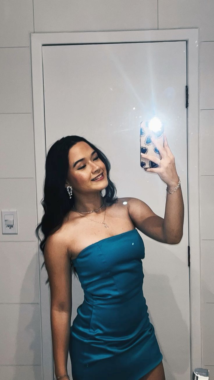 Cute Sheath Strapless Teal Satin Grad Dress Inspo Short Mini Formal 8th Grade Homecoming Dresses High School Hoco Court Dress Graduation Dress Cocktail Birthday Outfits DH1837