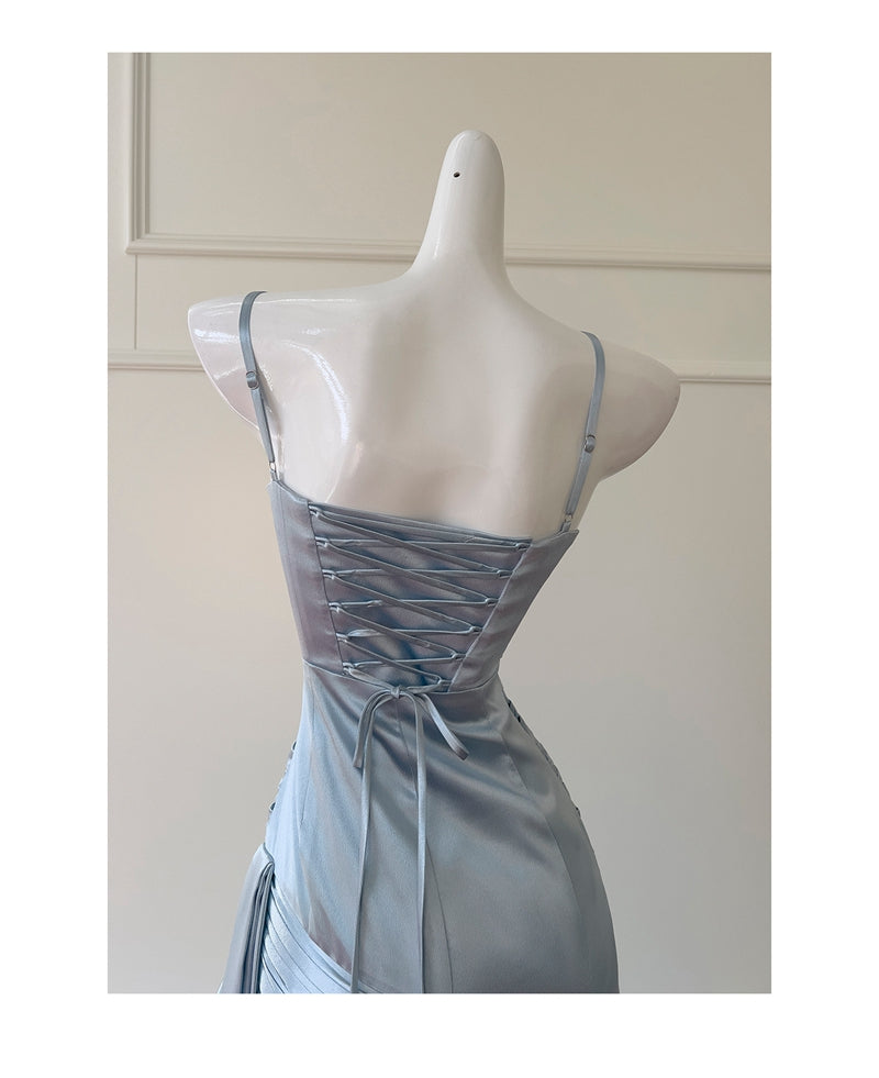 Einfache Meerjungfrau Spaghettiträger Staubblau Satin Lange Ballkleider Partykleid 20. Geburtstag Outfits Abschlusskleider DH1911