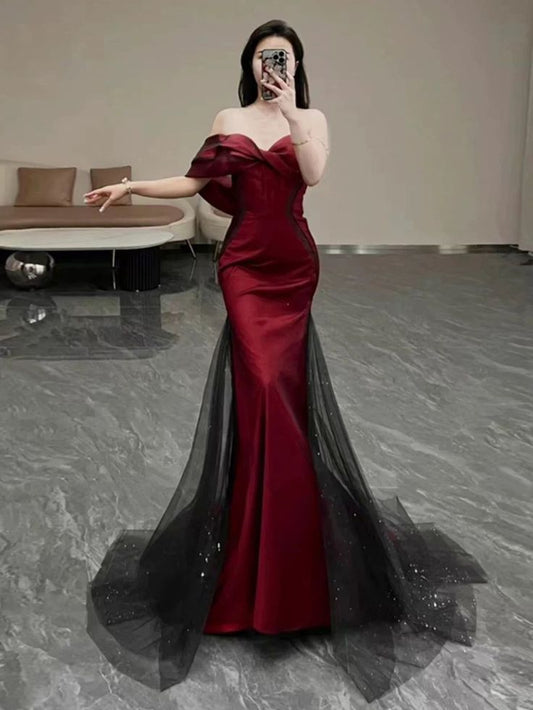 Phantasie Meerjungfrau Weg Von Der Schulter Kurze Ärmel Burgund Lange Abendkleid Party Kleider Abend Spezielle Formale Kleider Prom Kleid DH202