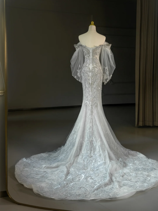 Prinzessin Brautkleid Meerjungfrau Schulterfrei Spitze Tüll Lange Ärmel Brautkleid Mit Langen Ärmeln Brautkleider Bescheidene Brautkleider DH2065