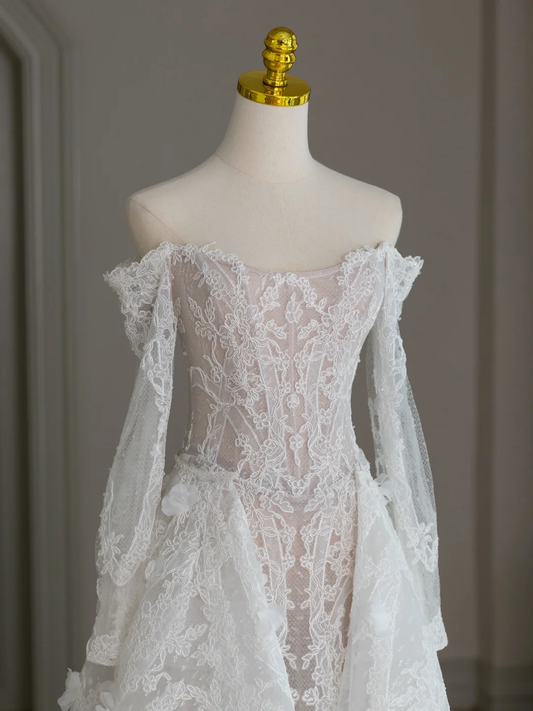 Unique Wedding Dress A Line Off The Shoulder Lace Long Sleeves 70s Wedding Dresses Bridal Gowns DH2077