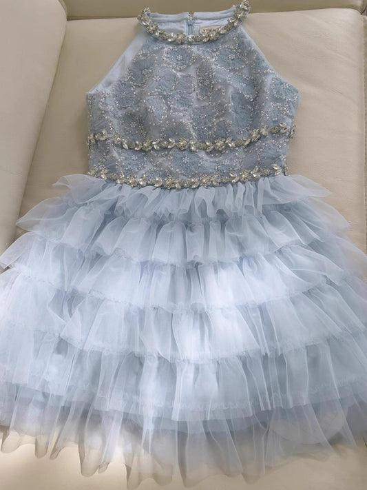 Modest A Line Jewel Neck Light Sky Blue Tulle Formal 8th Grade Homecoming Dress Middle School Short 18th Birthday Outfits Graduation Dress Hoco Dresses DH2130