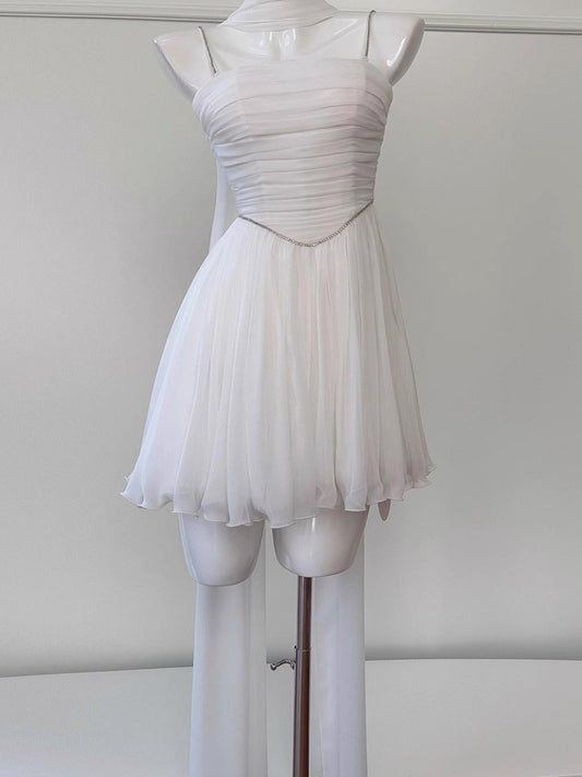Aesthetic A line Spaghetti Straps White Chiffon Formal Mini Homecoming Dress Middle School Short 19th Birthday Outfits Graduation Dress Hoco Dresses DH2182