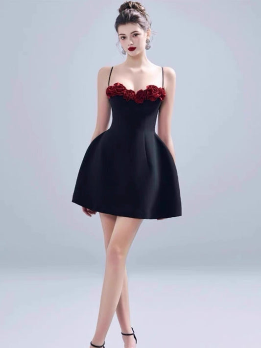 Aesthetic A Line Spaghetti Straps Black Satin Mini Formal Homecoming Dress Short Cocktail Outfits Graduation Dress Hoco Dress DH2203