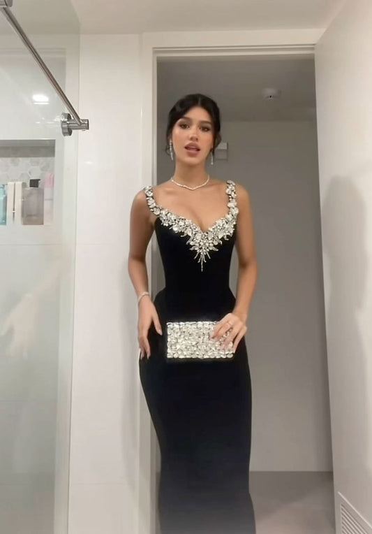 Bescheidene Meerjungfrau-Träger Pailletten Lange Schwarze Abendkleider Abendkleid Besondere Abendkleider Ballkleid DH2312