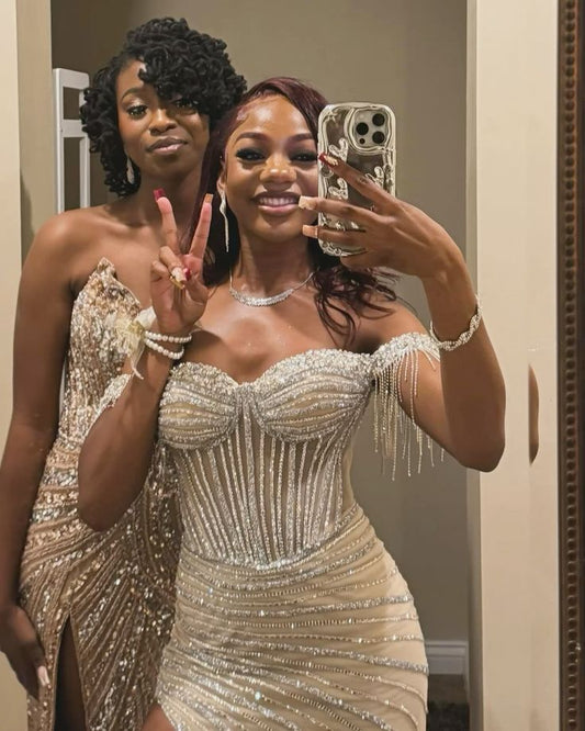 Sparkly Mermaid Off The Shoulder Champagner Pailletten Langer Schlitz Abendkleider Abendkleid Besondere Abendkleider Ballkleid DH2321