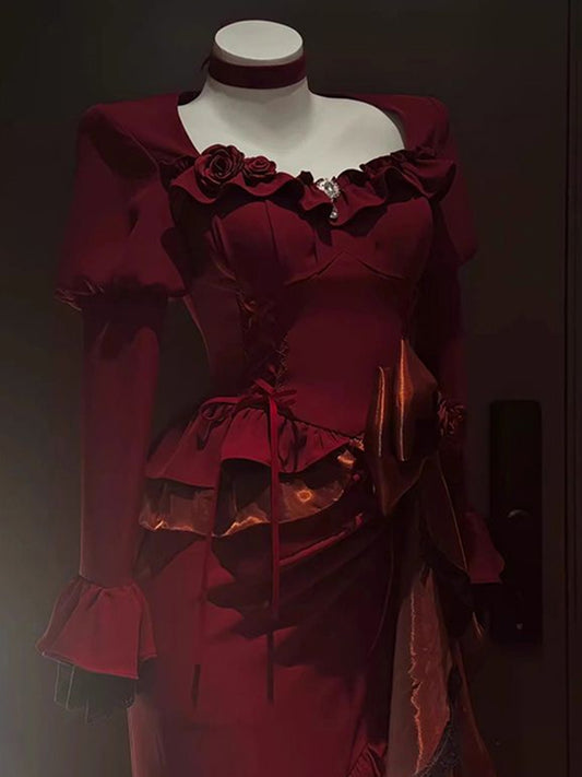 Vintage Mermaid Square Neck Burgundy Satin Long Summer 18th Birthday Dress Lolita Dress 18th Birthday Outfits Lolita Outfit DH2440