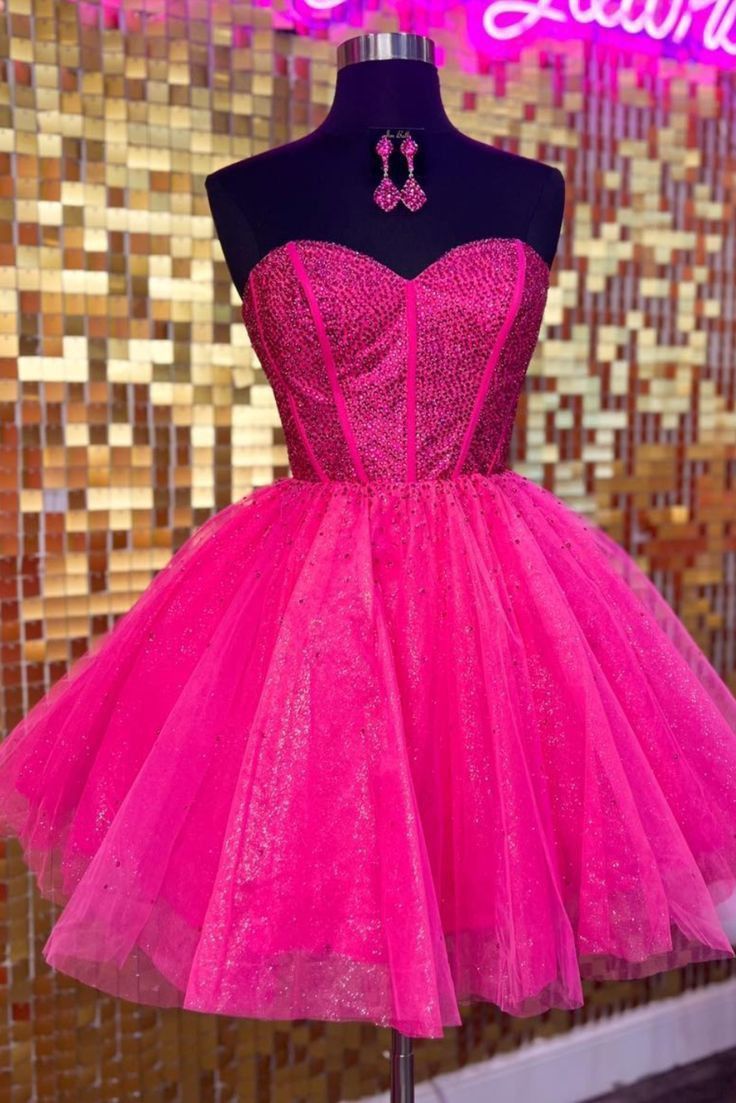 Retro Ball Gown Sweetheart Hot Pink Tulle Formal Homecoming Dresses 8th Grad Dance Graduation Dress Short Mini Hoco Dresses DH2563