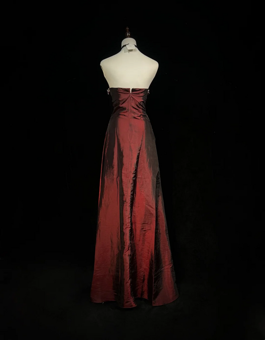 Retro A-Linie Trägerlos Burgund Ärmellos Taft Lange Blumen Ballkleider Partykleid 18. Geburtstag Outfits Abschlusskleider DH2656