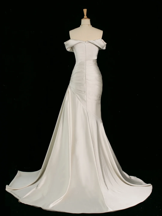 Pretty Wedding Dress Mermaid Off The Shoulder Short Sleeves Satin Long Vintage Wedding Dresses Bridal Gowns Brides Gown DH397