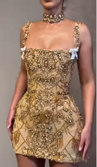 Jolie robe fourreau à col carré sans manches, courte et formelle, dorée, pour le bal de fin d'année, pour le collège, tenue d'été Hoco, DH444