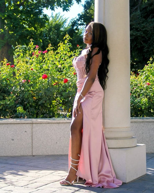 Elegant Sheath Sweetheart Pink Slit Satin Long Prom Dresses Party Dress Summer 20th Birthday Outfits 18th Birthday Dresses DH479