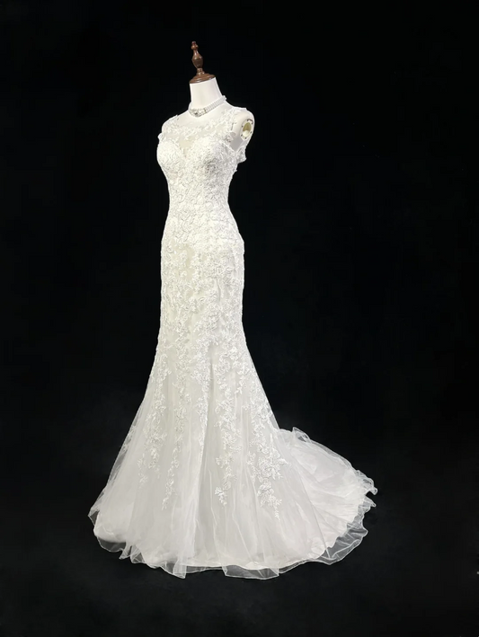 Vintage Wedding Dress 1950s 1940s Mermaid Scoop Lace White Long Wedding Dresses Bridal Gowns Brides Gown DH545