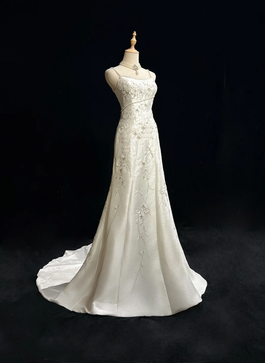Vintage A line Spaghetti Straps White Satin Long 1940s 1950s Wedding Dresses Elegant Bridal Gowns DH664