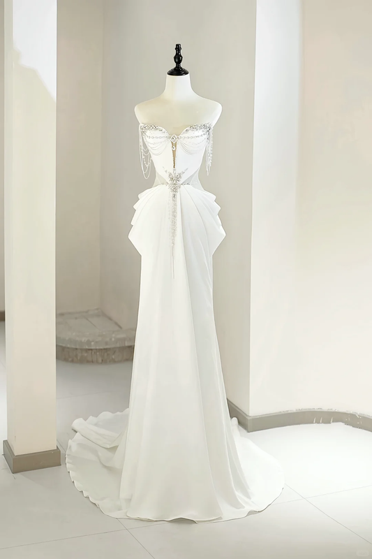Unique Bridal Gown A Line Sweetheart White Satin Long Wedding Dresses With Silver Beads Elegant Brides Gowns DH738