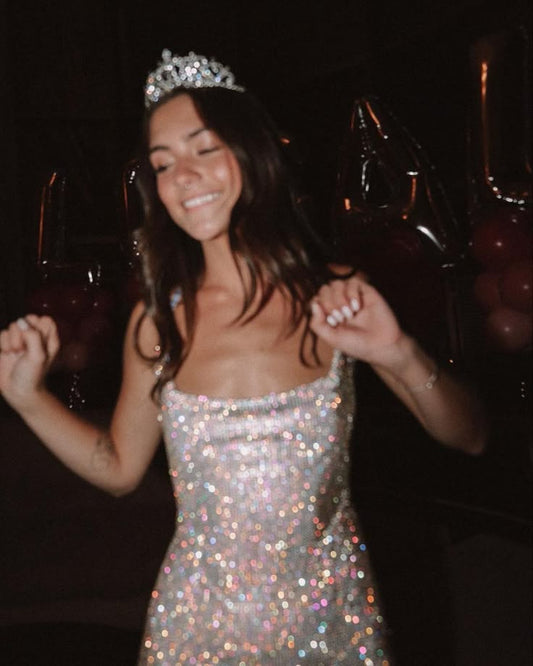Pretty A line Square Neck Sleeveless Sequin Silver Short Mini Formal 8th Grade Homecoming Dresses Summer Middle School Hoco Dress Homecoming Outfits DH849