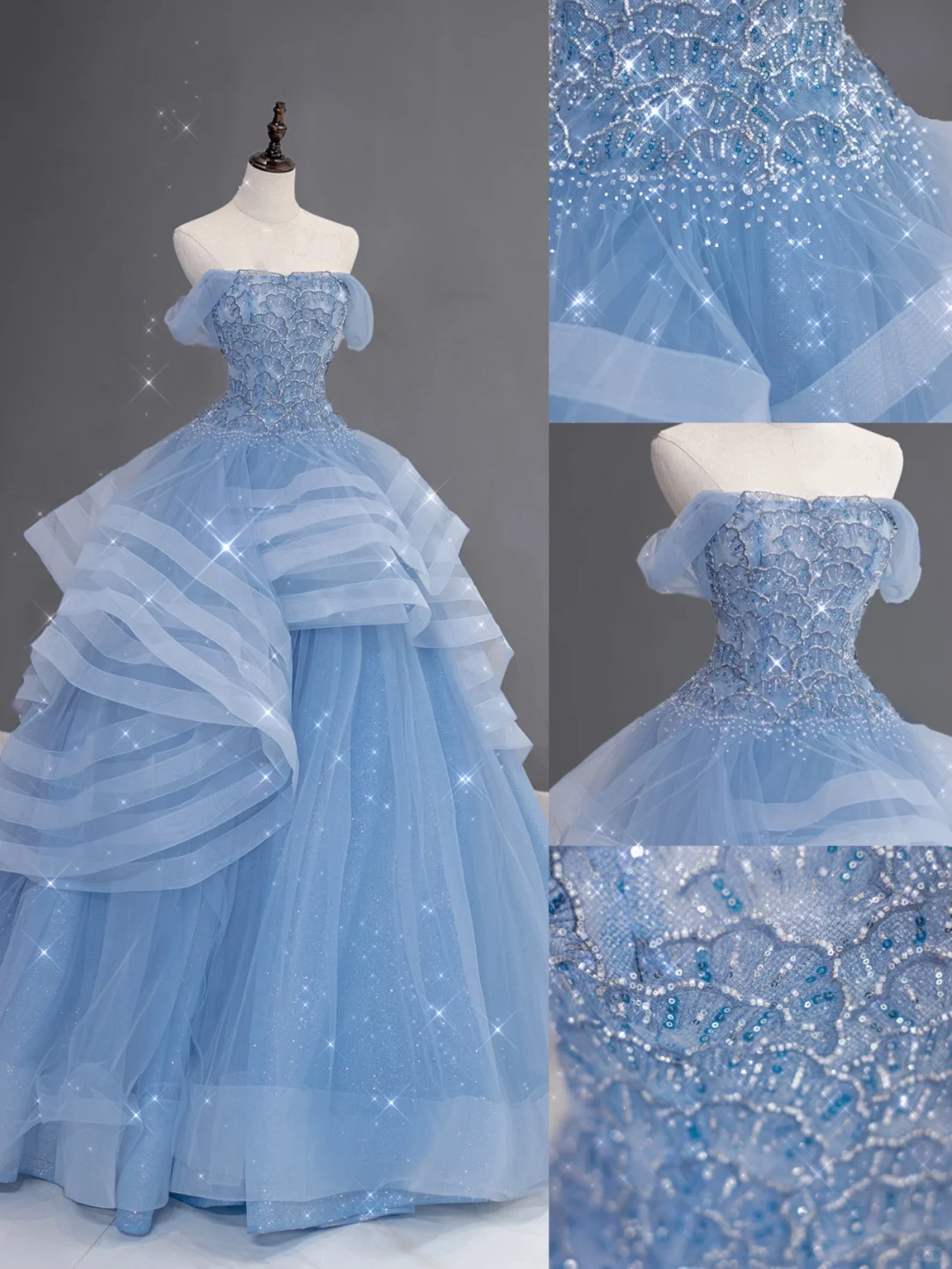 Hübsches Ballkleid aus der Schulter blau Tüll lange Quinceanera Kleid formale Kleider Vestido de 15 Anos Sweet 16 Kleid DH866