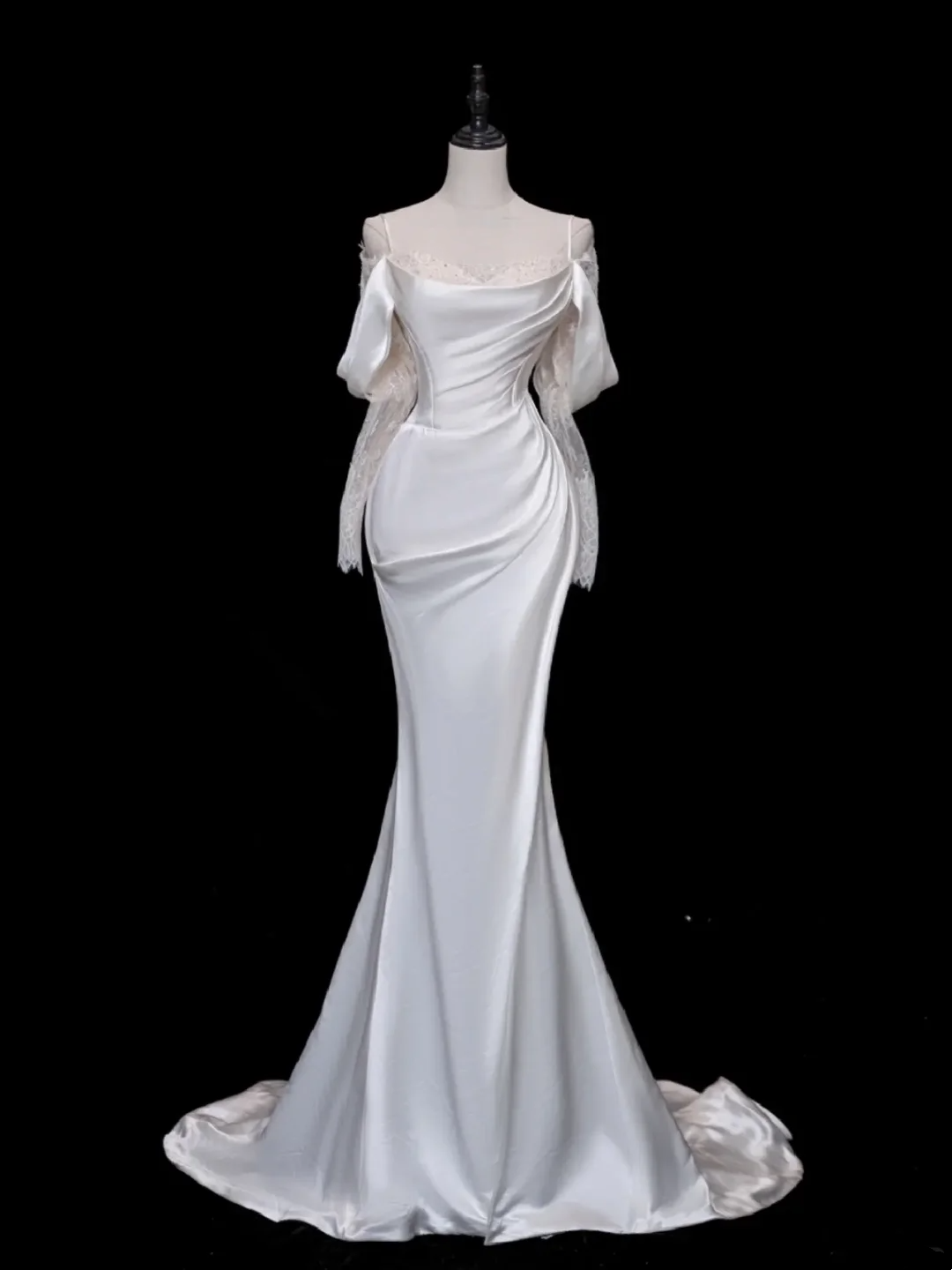 Hübsches Brautkleid Meerjungfrau aus der Schulter Satin mit langen Ärmeln weiße Brautkleider elegante Brautkleider Bräute Kleid DH878