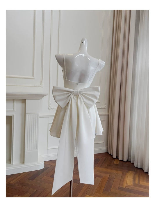 Cute A line Square Neck Short Satin White Formal 8th Grade Homecoming Dresses Summer Middle School Hoco Dress Homecoming Outfits DH97