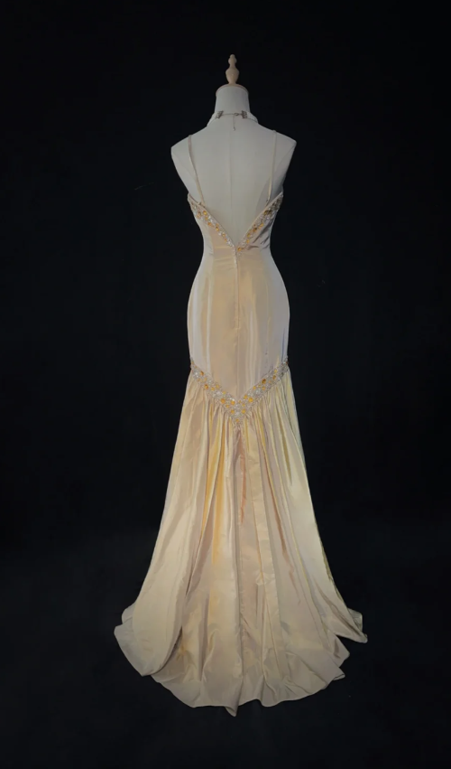 Cute Spaghetti Straps Sheath Long Prom Dresses Satin Beaded Yellow Birthday Dresses Sleeveless Evening Dresses DP04101