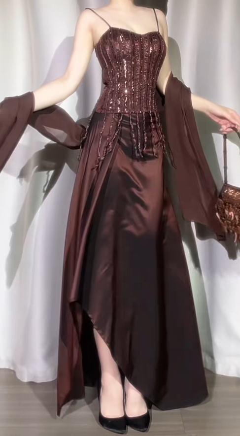 Elegant Spaghetti Straps Sheath Long Evening Dresses Satin Brown Wedding Guest Dresses Sleeveless Party Dresses DP04108