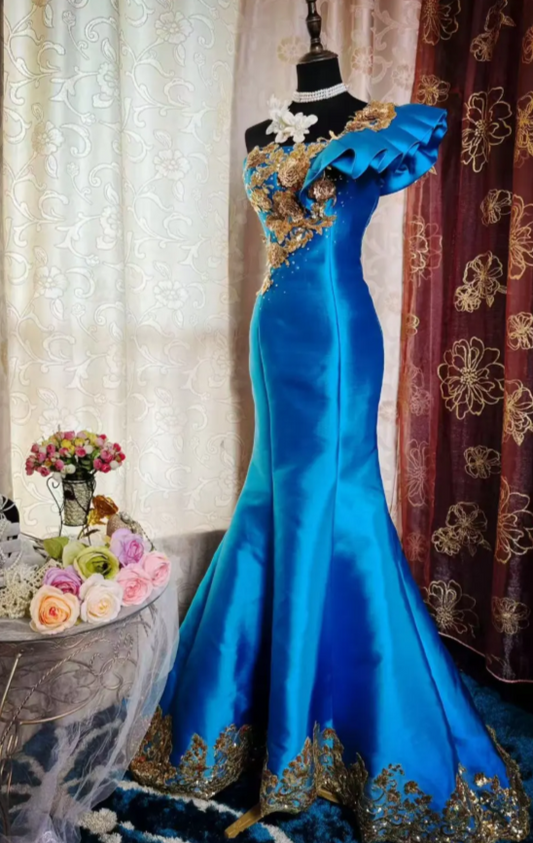 Chic One-shoulder Mermaid Long Prom Dresses Satin Appliques Blue Evening Gowns Sleeveless Formal Dresses DP04174
