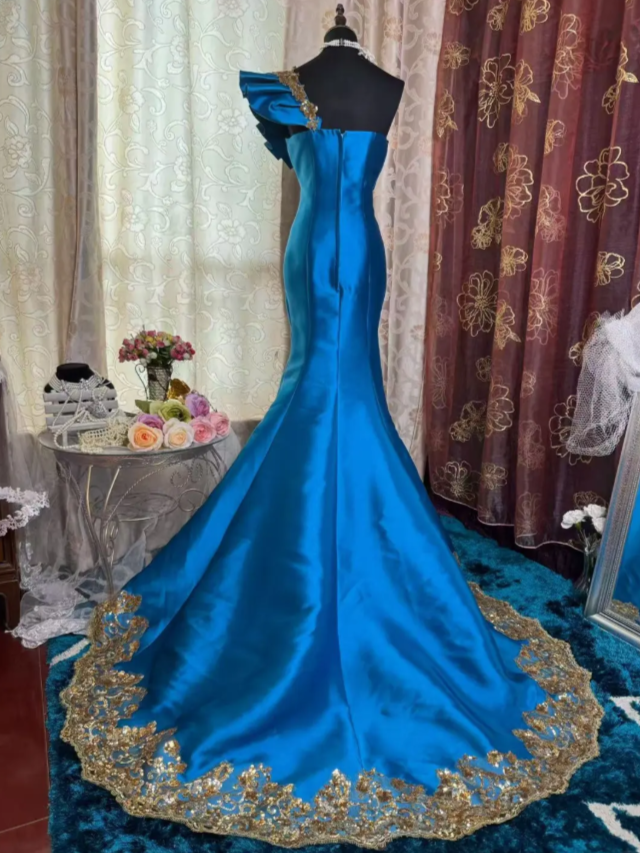 Chic One-shoulder Mermaid Long Prom Dresses Satin Appliques Blue Evening Gowns Sleeveless Formal Dresses DP04174