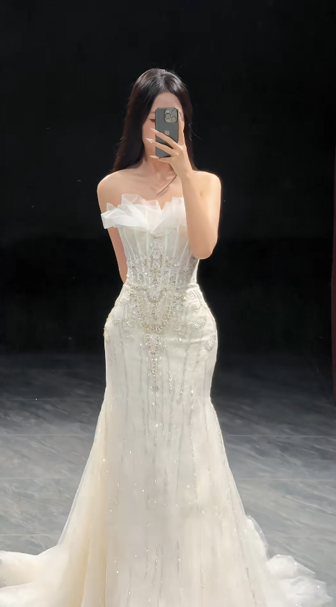 Luxury Strapless Mermaid Long Wedding Dresses Beaded Tulle White Bridal Gowns Sleeveless Bridal Dresses DP04187