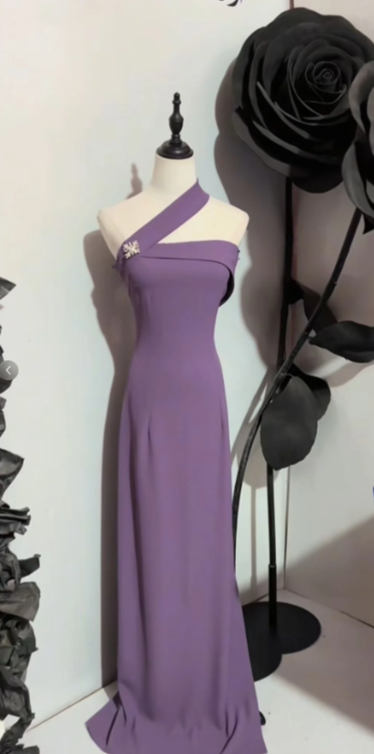 Simple One-shoulder Sheath Purple Wedding Guest Dresses Chiffon Sleeveless Evening Dresses DP04208