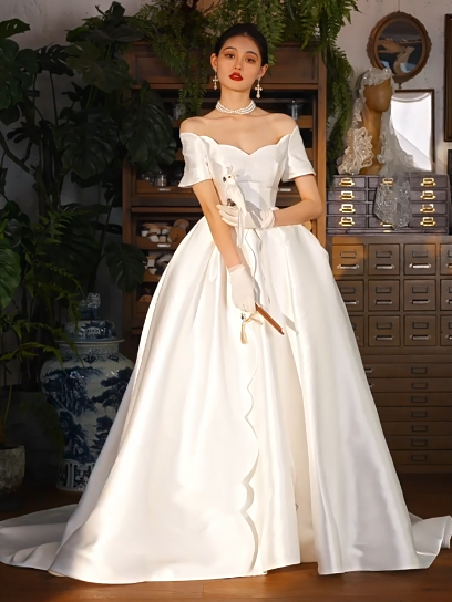Glam Off-shoulder A-Line Long Wedding Dresses Satin White Bridal Gowns Short Sleeveless Bridal Dresses DP04212