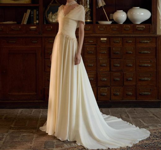 Timeless Off-shoulder Sheath Long Wedding Dresses Chiffon White Bridal Gowns Short Sleeves Bridal Dresses DP04214