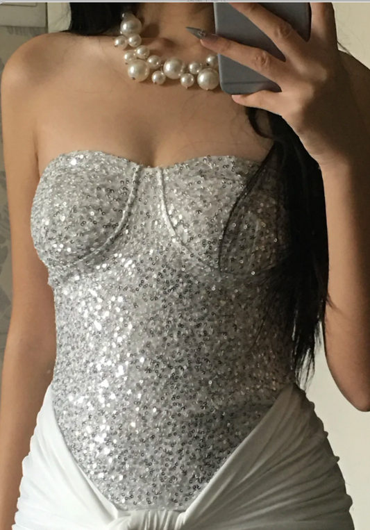 Sexy Strapless Sheath Long Prom Dresses Sequins Chiffon White Birthday Dresses Sleeveless Party Dresses DP04244