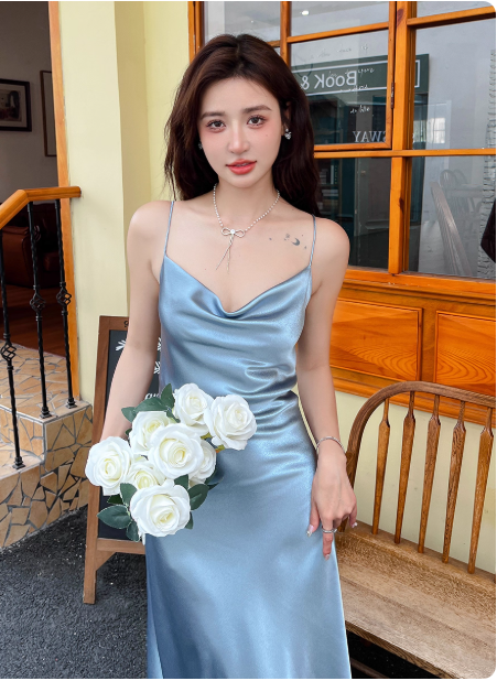 Simple Spaghetti Straps Sheath Evening Dresses Satin Gray Blue Bridesmaid Dreses DP04249