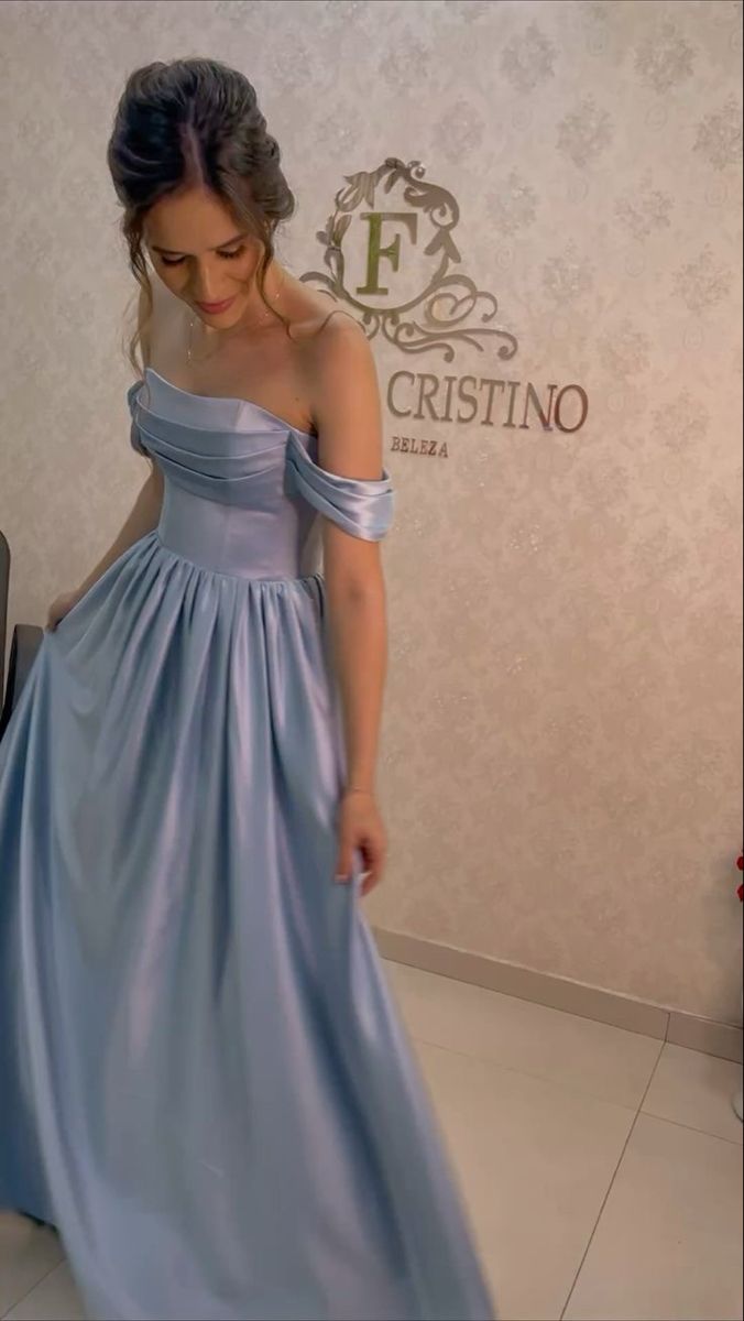 Chic Off-shoulder A-Line Long Prom Dresses Satin Blue Evening Dresses Sleeveless Birthday Dresses DP04290