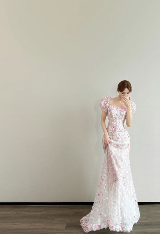 Cute Square Neck Sheath Long Wedding Dresses Applique Tulle White Bridal Gowns Short Sleeves Bridal Dresses DP04304