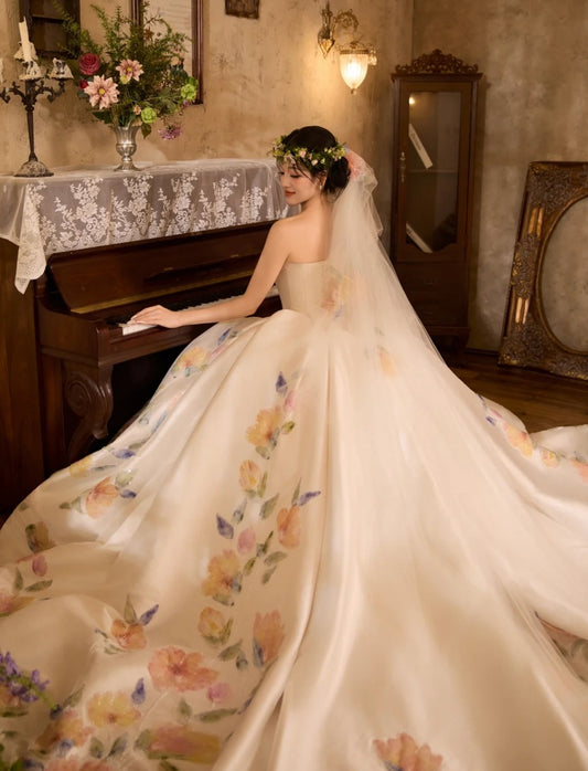Chic Strapless A-Line Long Wedding Dresses Satin Flowers White Bridal Gowns Sleeveless Bridal Dresses DP04311