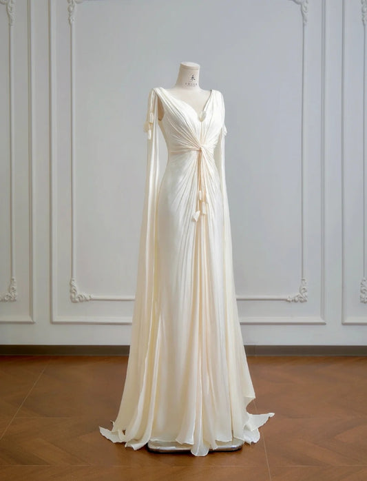 Chic V-Neck Sheath Long Wedding Dresses Chiffon Champagne Bridal Gowns Sleeveless Bridal Dresses DP04314